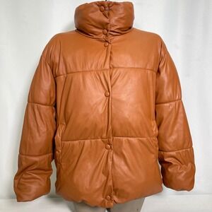 NVLT Faux Leather Cognac Brown Snap Front Puffer Jacket Coat Women's SMALL